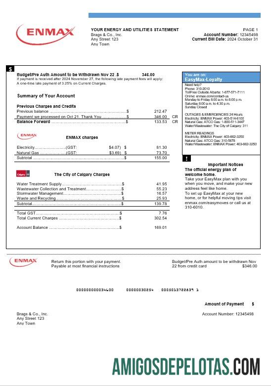 para download Canadá Enmax Business Utility Bill Modelo Word e PDF